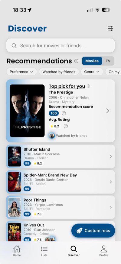 Movi's Discover screen with a top recommendation