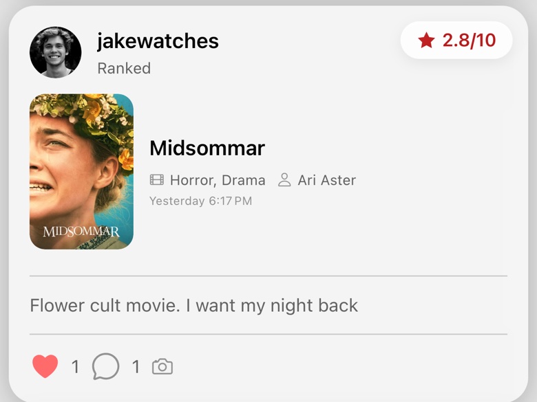 A friend's ranking card in the Movi feed: Midsommar, scored 2.8 out of 10, with their one-line take and its likes