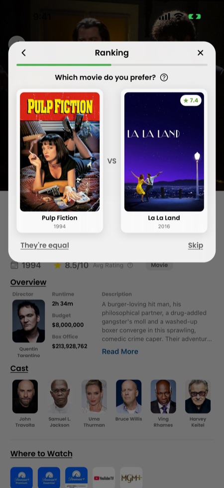 Two films, one tap: Movi's head-to-head ranking screen